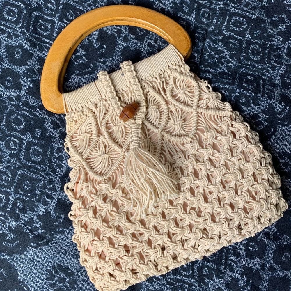 Vintage Macramé Wood Handle Purse